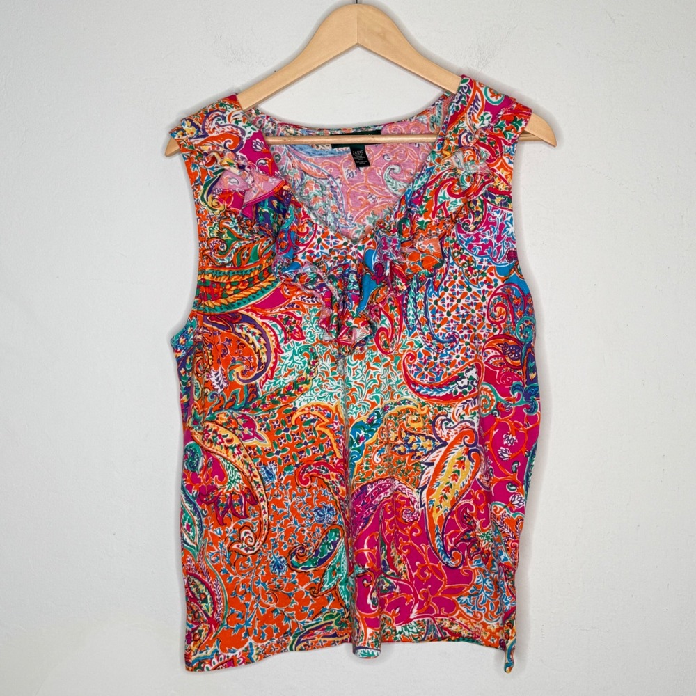 Lauren Ralph Lauren Paisley Ruffle Top 2X Multicolor Cotton Boho Preppy